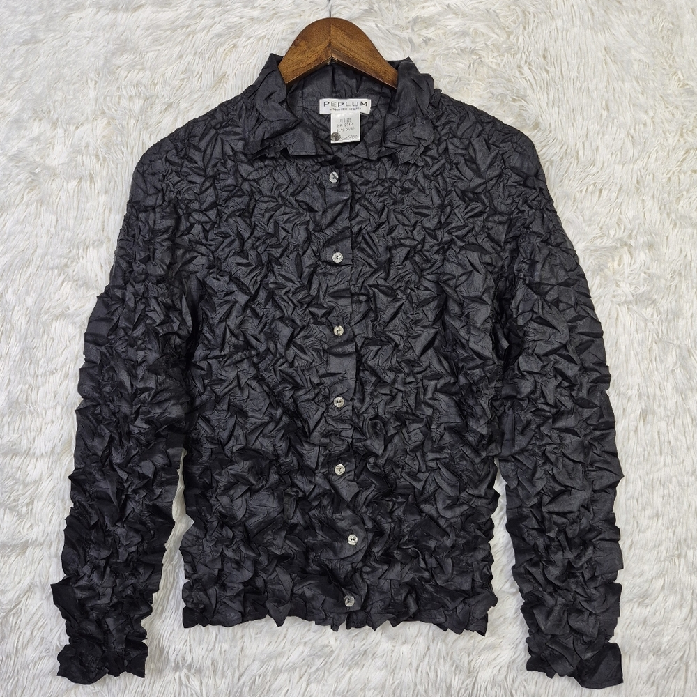 Vtg PEPLUM by Yoshiki Hishinuma Black Crinkle Long Sleeve Button Up Blouse